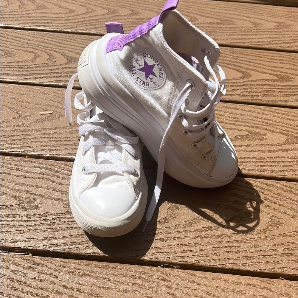 Converse, White and Purple High-Top platform Sneakers